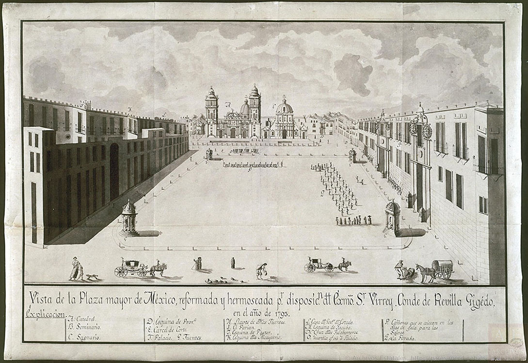 Vista de la Plaza Mayor de México, reformada y hermoseada por disposición del Exmo. Virrey conde de Revillagigedo